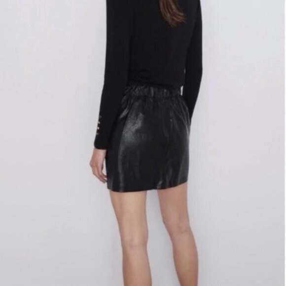 Zara Black Faux Leather High Rise Paperbag Mini Skirt with Pockets XS - Picture 2 of 11